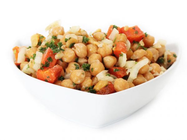 Chickpea salad in a white bowl